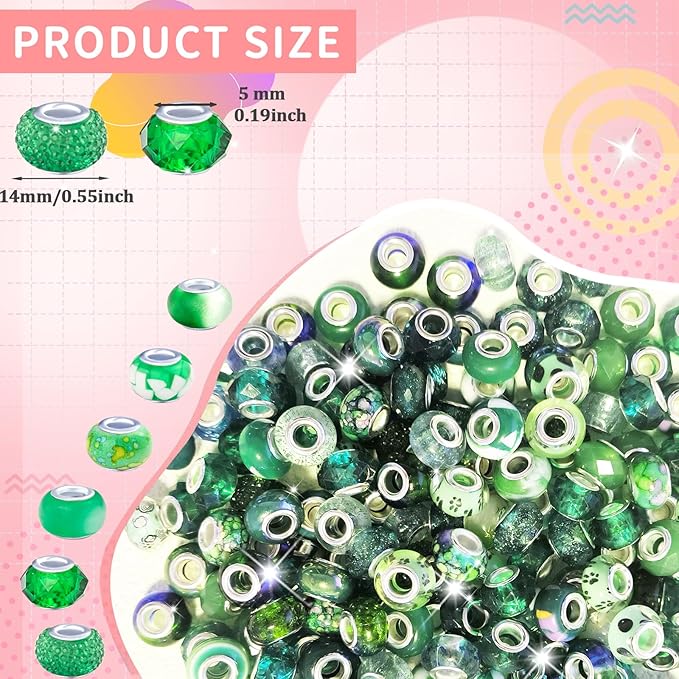 Large Hole European Beads for Pens - 100 Pieces Dark Green Assorted Fairy Wand Garden Lampwork Craft Spacer for DIY Bracelet Necklace Decoration Jewelry Making Supplies