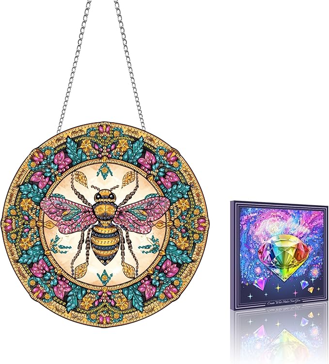 VAIIEYO Bee Diamond Art Hanging Ornament, Animal Diamond Painting Suncatchers Window Hanging Kit with Chain, 7.5x7.5 inch Crystal Pendant Art Craft for Gift Home Wall Front Door Decoration