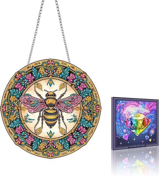 VAIIEYO Bee Diamond Art Hanging Ornament, Animal Diamond Painting Suncatchers Window Hanging Kit with Chain, 7.5x7.5 inch Crystal Pendant Art Craft for Gift Home Wall Front Door Decoration