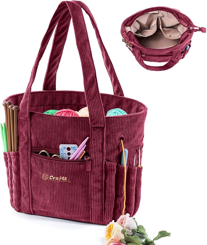 Crochet Bag and Tote - Corduroy Yarn Bag - Yarn Holder for Crocheting - Crochet Storage Bag for Crochet Hooks, Crochet Accessories, Knitting Bag for Crochet Lovers, Mother's Day Gift