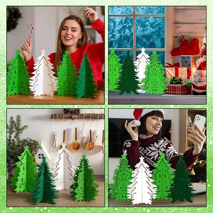 Blosssound 48 Pcs Christmas Craft Set 36 Pcs 3D Wood Tree Cutouts Wooden Unfinished Tree Slices to Paint with 12 Colored Markers for Winter Xmas Xmas DIY Handmade Projects Tiered Tray Decor