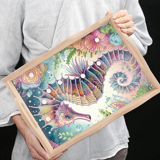 AiYuanzsh 5D Diamond Art Tray with Handle for Adults DIY Diamond Art Plate Kits Seahorse Picture Diamond Art Painting Dinner Plate for Coffee Living Room Home Organizer Parties Family Gatherings