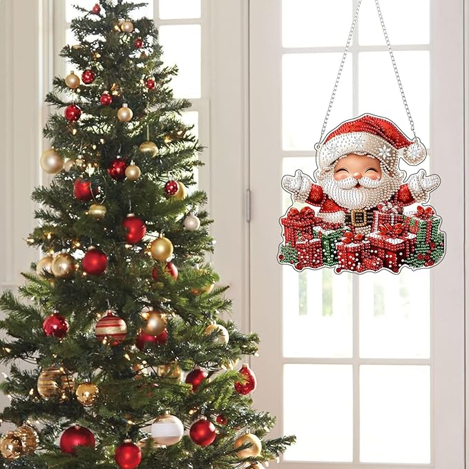 KEYIFA Christmas Diamond Painting Kit, DIY Santa Claus Diamond Art for Adults, Diamonds Painting Pendant Special Shaped Rhinestone Window Hanging Ornaments Home Garden Wall Door Decoration, 20cm Width