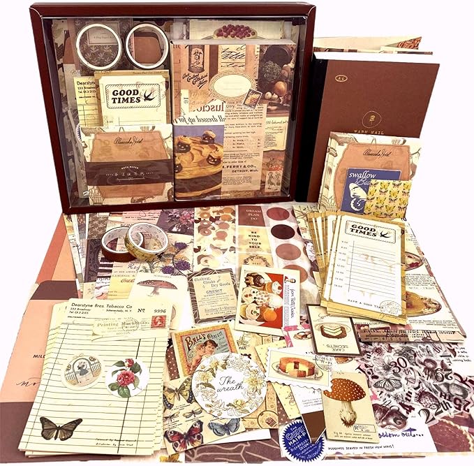 LCLAIDYDY 348 PCS Vintage Scrapbook Kit with A6 Grid Notebook, Bullet Junk Journals, DIY Gift Aesthetic Journaling Supplies for Teen Girl Women