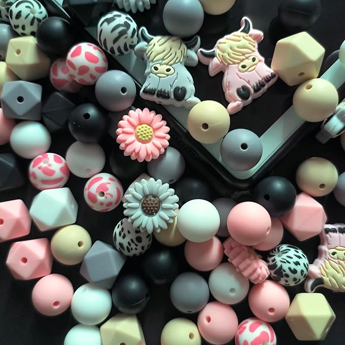 88Pcs Cow Daisy Silicone Beads 15mm Round Hexagon Focal Beads Bulk Daisy Flower Rubber Flat Loose Spacer Bead or DIY Crafts Beaded Pens Keychain Bracelet Necklace Making