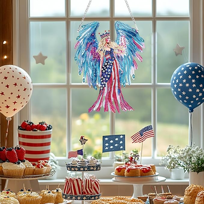 Bowetile Independence Day Fairy 5D Diamond Art Hanging Kits for Adults, 4th of July Diamond Painting USA Window Pendant Kits, Special Shape Gem Art Suncatcher Ornament for Home Garden Wall Decor
