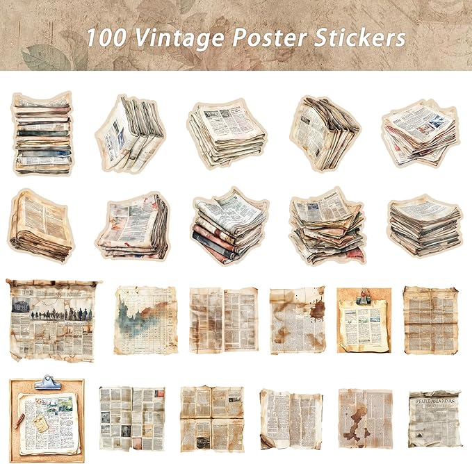 100Pcs Vintage Newspaper Stickers - Vinyl Retro Aged Decals for Journaling, Scrapbooking, Laptop | Authentic Old News/Coffee Stain Designs | Gift for Retro Lovers, Handicrafters