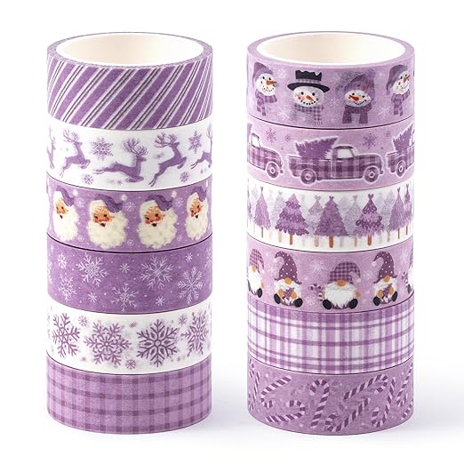 Purple Christmas Washi Tape - 12 Rolls Elegant Santa Reindeer Snowflake Watercolor Double Sided Scrapbook Masking Washi Tape School Office Adhesive Glue Scrapbooking Supplies Gift Wrapping