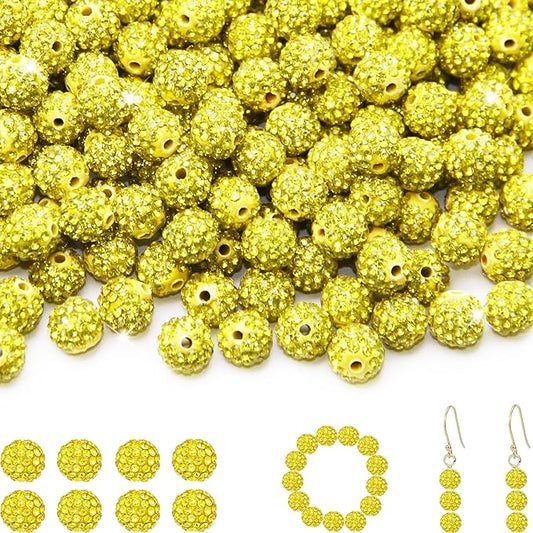 150 Pcs 10mm Rhinestone Beads for Jewelry Making, Yellow Shiny Round Shamballa Disco Baseball Necklace Beads Sparkle Crystal Clay Pave Rhinestones Bead for DIY Bracelet Earring Craft Making Supplies