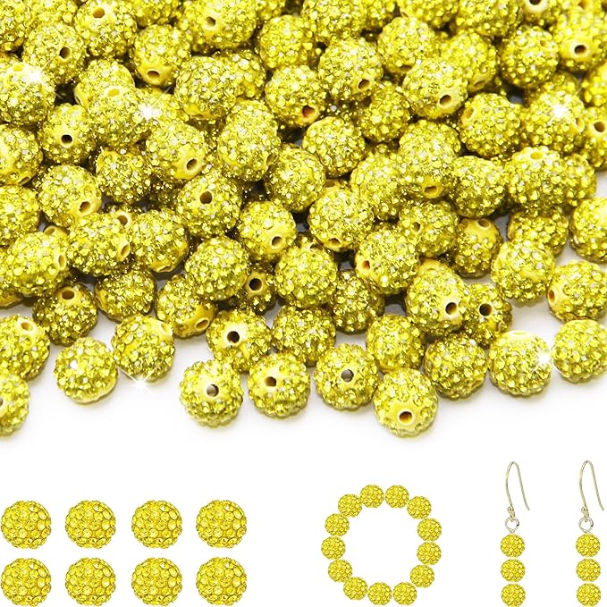 100 Pcs 10mm Rhinestone Beads for Jewelry Making, Yellow Shiny Round Shamballa Disco Baseball Necklace Beads Sparkle Crystal Clay Pave Rhinestones Bead for DIY Bracelet Earring Craft Making Supplies