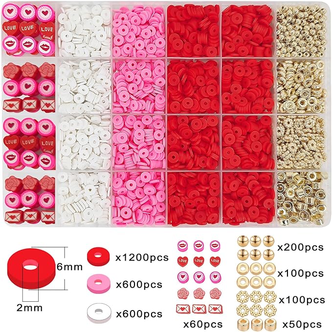 MIIIM Red Clay Bracelet Kit - Heishi Beads, Clay Charms, Gold Spacer Beads - Jewelry Making & Friendship Bracelet Kit for Valentine's Day, Crafts, Raves, Gifts