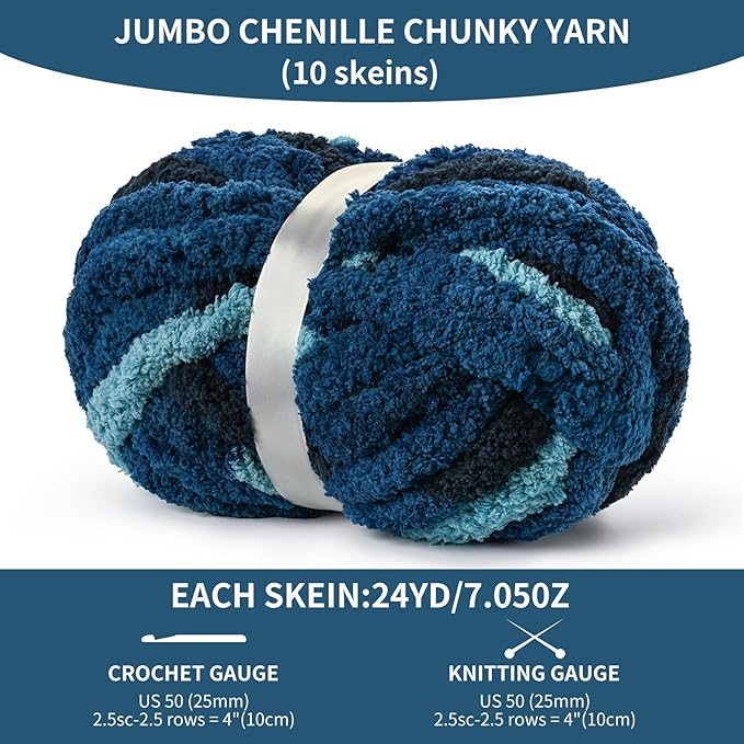 10 Pack Jumbo Chunky Yarn for Hand Knitting, Fluffy Variegated Chunky Chenille Yarn for Crocheting, 240yds/70.5oz Super Bulky Soft Crochet Baby Blanket Yarn(Tie Dye Blue)