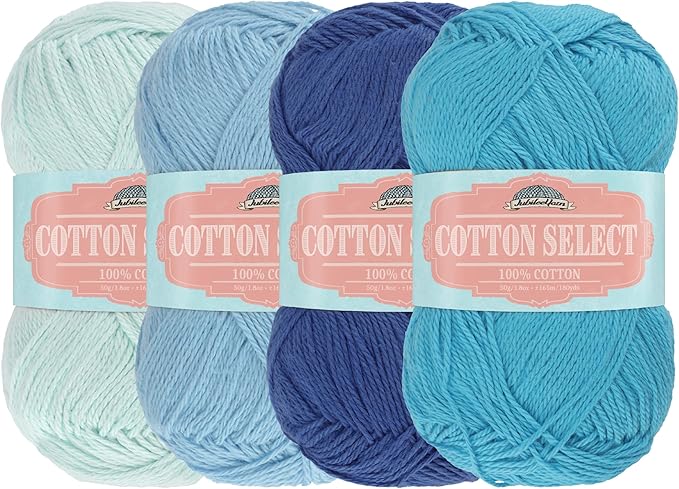 JubileeYarn Cotton Select Yarn - 50g/Skein Sport Weight - Shades of Blue - 4 Skeins