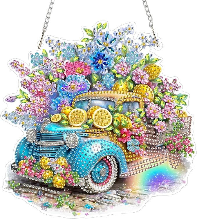 Lxmsja DIY Retro Truck Diamond Painting Hanging Ornament, Double-Sided Acrylic Lemons and Flowers Diamond Art Kit, Special Shaped Suncatcher Hanging Pendant Window Art Kit