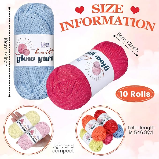 WILLBOND 10 Rolls Glow in The Dark Magic Yarn Luminous Neon Crochet Yarn for Crocheting DIY Knitting Glow Fingering Sewing Supplies for Crafts Sewing Party 54.7 yd Per Roll (Vibrant Colors)