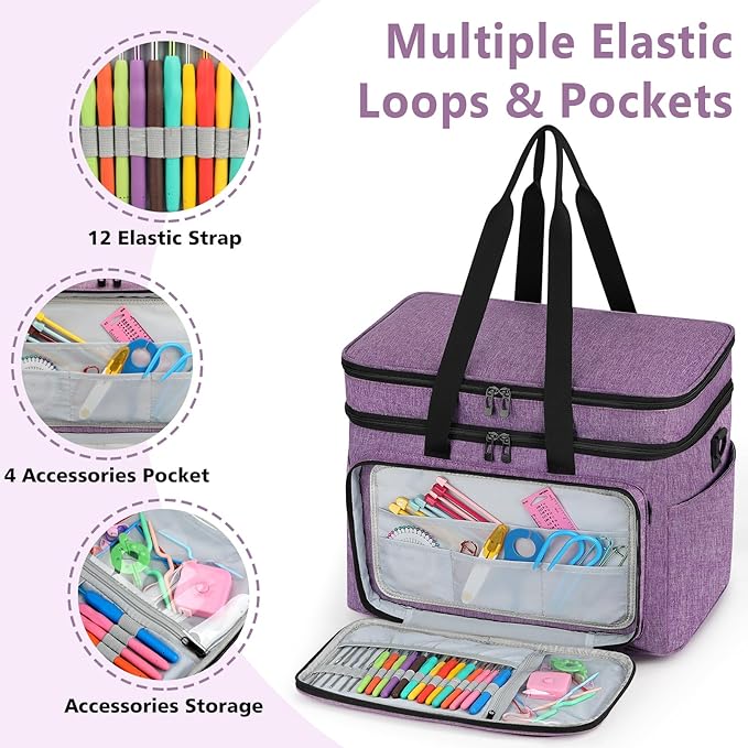 IBFUN 3PCS Crochet Bag with Wrist Yarn Holder, Large Yarn Storage Tote Waterproof Knitting Bag Organizer with Adjustable Strap for Hooks, Needles (Up to 14"), Accessories, Crochet Lovers, Tangle-Free