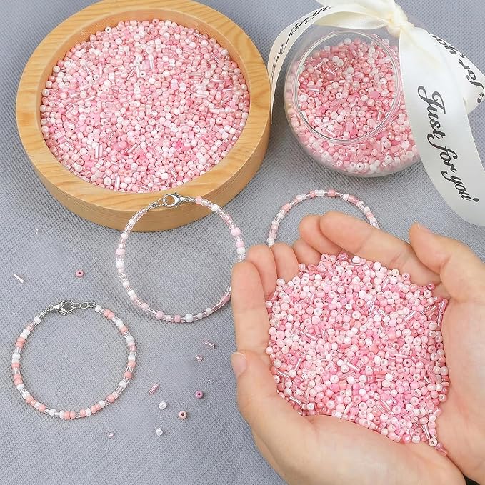 DUQGUHO Pink Beads for Jewelry Making 4mm Pink Glass Seed Beads Kit 15 Color 3mm 2mm Small Plastic Tube Bead for Bracelets Craft DIY