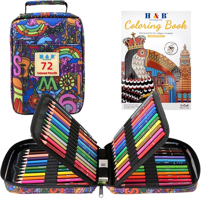 H & B 72PCS Colored Pencils for Adults with Coloring Book, Soft Core Oil-Based Drawing Pencils for Adult Coloring, Professional Art Supplies with Zipper Case for Artists