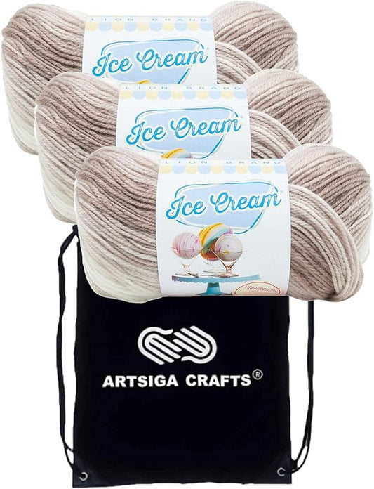 Lion Brand Ice Cream Coffee 923-212 (3-Skeins - Same Dye Lot) Baby Sport #2 Acrylic Yarn for Crocheting and Knitting with Project Bag