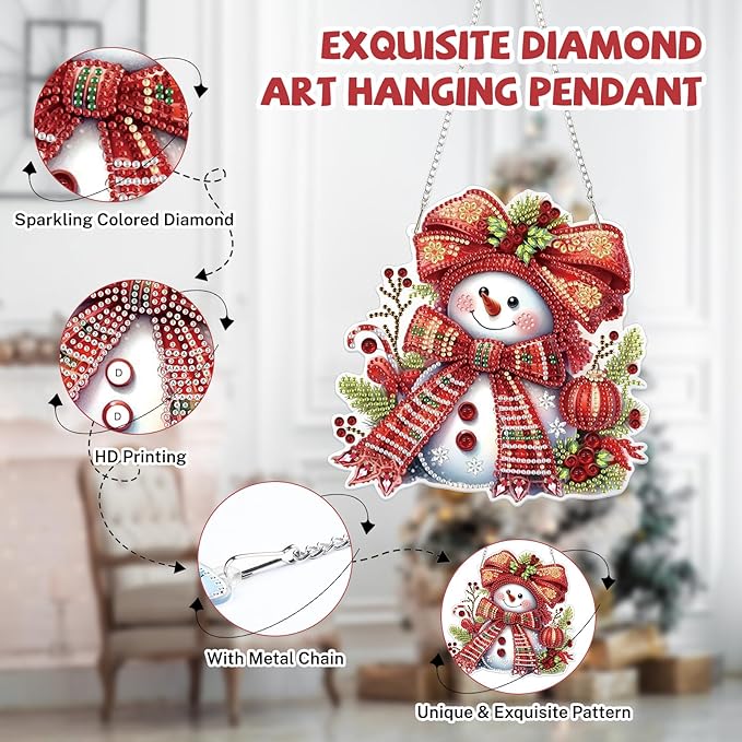 Bowetile Christmas Diamond Art Hanging Kits for Adults, Diamond Art Suncatchers Snowman, 5D Special Shape Diamond Painting Pendant Window Ornament Christmas Gifts for Home Door Wall Decor