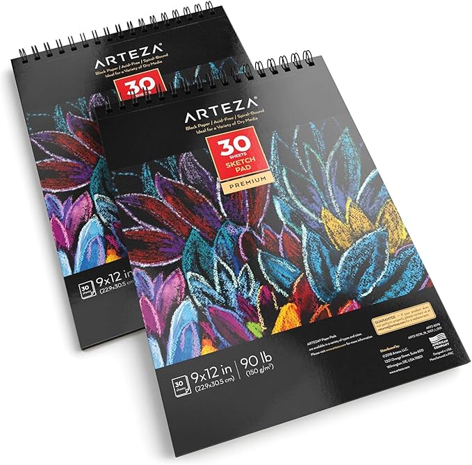 ARTEZA Spiral Sketch Book 9x12 Black Art Paper Drawing Pad 2 Pack 30 Sheets Sketch Pads for Drawing