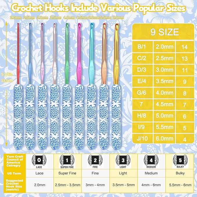 Coopay Warm Crochet Hooks Comfort Grip, Light Blue & White Porcelain Art Handle Crochet Set for Beginners, Longer Aluminum Shaft Crochet Hook Set 2.0mm-6.0mm, Smooth Crochet Needles Set for Crochet