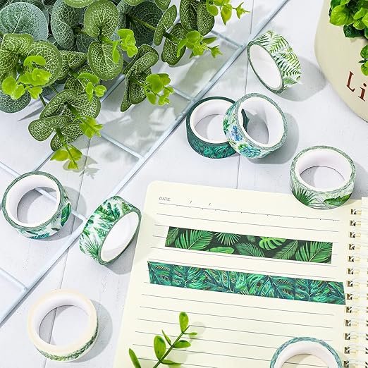 Whaline 12 Rolls Summer Greenery Washi Tapes Tropical Leaves Masking Tape 0.6 Inch Green Plants Cactus Succulents Decorative Tape Sticker for Scrapbook Journal DIY Craft Gift Wrapping,16.4ft