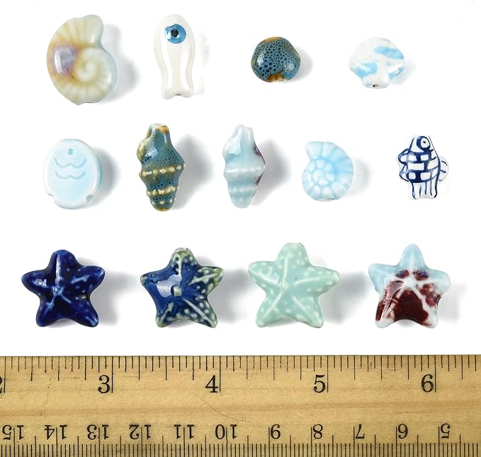 26Pcs Porcelain Ceramic Ocean Beads, 13 Styles Sea Seashell Fish Conch Starfish Porcelain Loose Spacer Beads for DIY Necklaces Bracelets Crafts Supplies