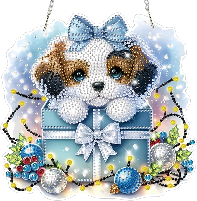 Bowetile Christmas Diamond Art Hanging Kits for Adults, Diamond Art Suncatchers Dog, 5D Special Shape Diamond Painting Pendant Window Ornament Christmas Gifts for Home Door Wall Decor