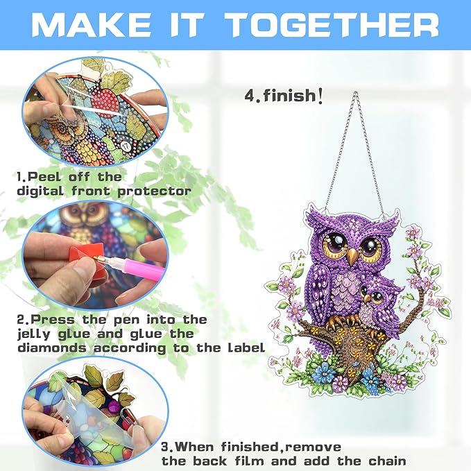 VAIIEYO Owl Diamond Art Hanging Ornament, Animal Bird Diamond Painting Suncatchers Window Hanging Kit with Chain, 7.5x7.5 inch Crystal Pendant Art Craft for Gift Home Wall Front Door Decoration