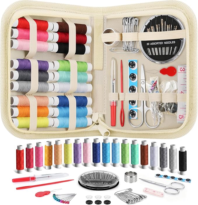 Coquimbo Sewing Kit Gifts for Adults Teen Grils Women Mom Grandma, Portable Sewing Supplies Contains Tape Measure, Scissors, Thimble, Thread, Sewing Needles (Beige, M)