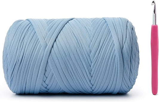 Elastic Fabric T Shirt Yarn for Crocheting，Beginner Crochet Yarns with Polyester Spandex Blend,Total 400g/114yds Soft Tshirt Yarn for Crochet Crafts/Bags/Baskets（Pale Blue）