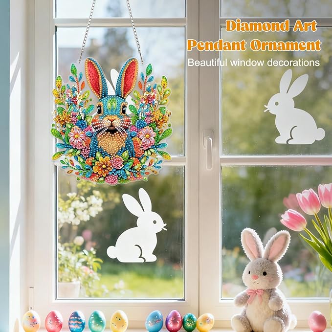 RICUVED Easter Diamond Art Hanging Kit for Adult, Rabbit Special Shaped Diamond Painting Pendant Board Kit, 5D Art Suncatchers Double Sided Hanging Window Ornament for Home Garden Decor