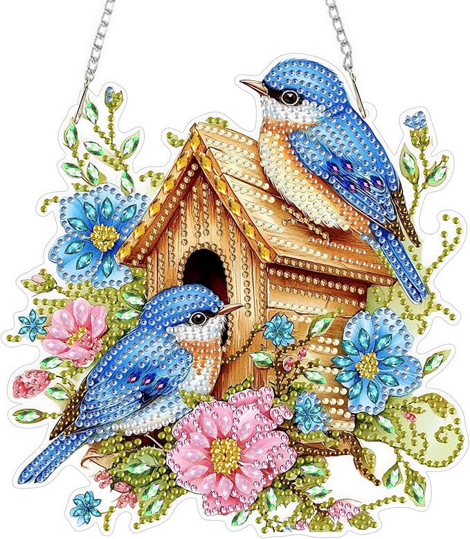 QENSPE Blue Bird Diamond Art Hanging Kits for Adults, 5D Special Shape Diamond Paingting Ornaments Kits with Chain, DIY Flowers Crystal Window Pendants for Home Garden Wall Decor Double Sided 8X8 inch