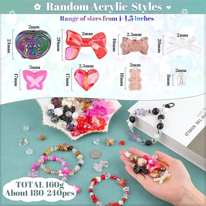 210-270pcs tinkrstuff assorted acrylic beads for bracelet making, cute beads for jewelry making bow butterfly candy heart gummy bear kawaii aesthetic bracelet charms,diy necklace keychain phone charm