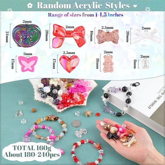 210-270pcs tinkrstuff assorted acrylic beads for bracelet making, cute beads for jewelry making bow butterfly candy heart gummy bear kawaii aesthetic bracelet charms,diy necklace keychain phone charm