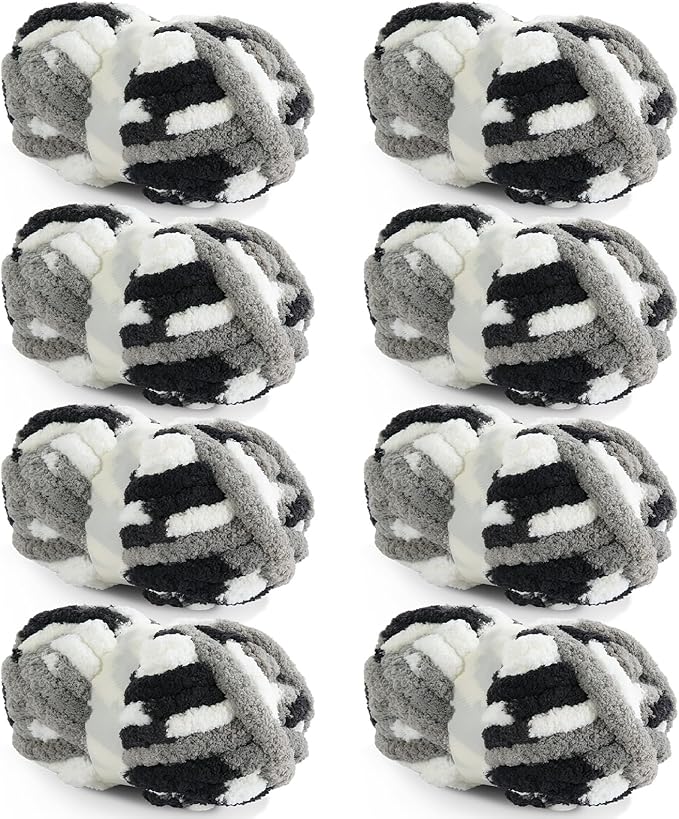 HOMBYS Chunky Tie Dye Mix Chenille Yarn for Hand Knitting, Super Bulky Jumbo Yarn for Crocheting, 3/4" Thick Soft Plush Yarn for Blankets, 8 Skein Pack (26 yds / 7.5 oz Each) Black White Grey