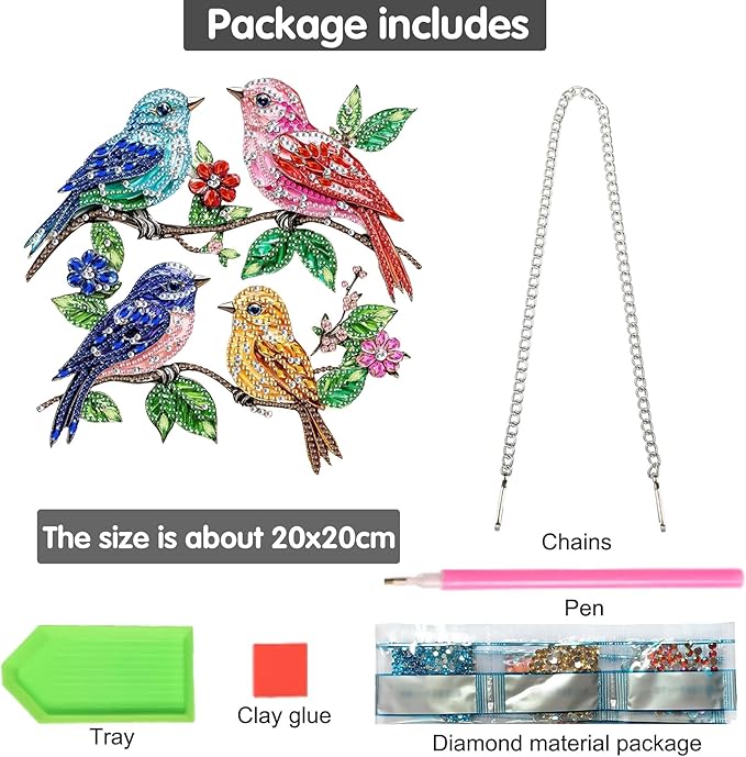 Bimkole Bird Diamond Art Hanging Kit for Adult, DIY 5D Branches Diamond Art Painting Window Pendant, Acrylic Crystal Art Hanging Ornament for Wall Home Garden Front Door Decor - 7.8x7.8 Inch