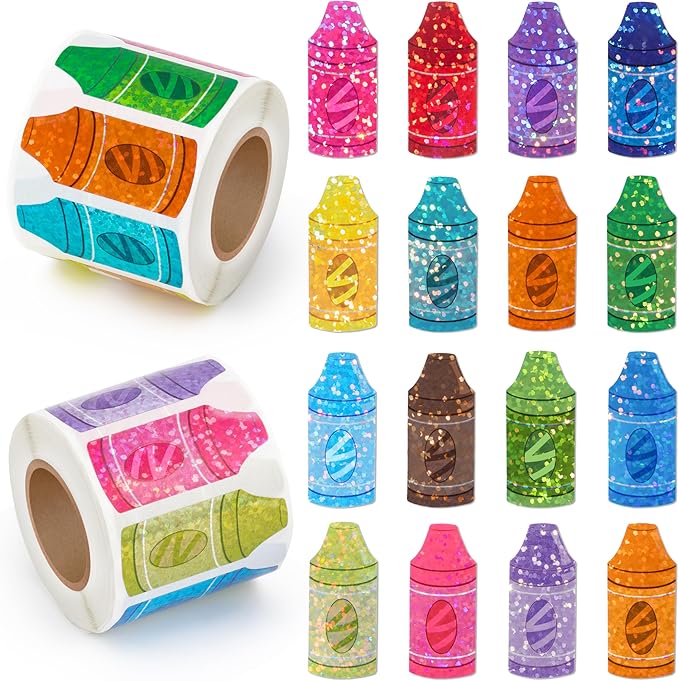 beyumi colorful laser crayon sticker - 1000pcs back to school laser crayon stickers in 2 rolls holographic colorful sparkly glitter first day of school adhesive decal gift party envelope decor for kid