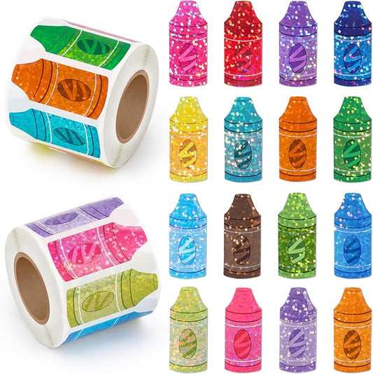 beyumi colorful laser crayon sticker - 1000pcs back to school laser crayon stickers in 2 rolls holographic colorful sparkly glitter first day of school adhesive decal gift party envelope decor for kid