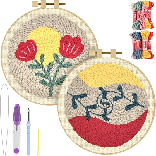 ERKOON Punch Needle Kit Adults Beginners, 2 Pcs DIY Easy Floral Embroidery Set for Starter Art Craft, Needling Punching Project with Patterns, Tools, Yarns, Hoop, Instruction (Rose)