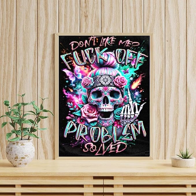 mrpwnle Skull Diamond Art Kits for Adults, Don't Like Me Skull Diamond Painting Kits for Adults Beginners, 5D DIY Full Drill Round Gem Art Crafts Paintings for Home Wall Decor 12 x16Inch