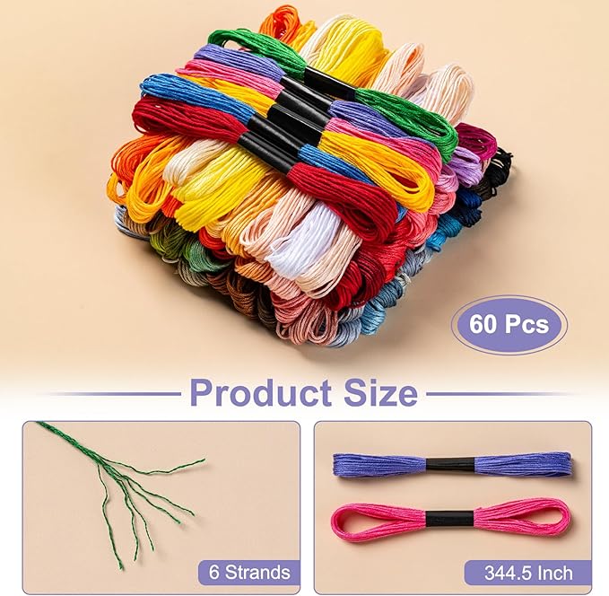 Friendship Bracelet String, 60 Skeins Cross Stitch Thread, 344.5 Inch Cotton Embroidery Floss, Hand Embroidery Thread for DIY Sewing and Embroidery Crafts Making
