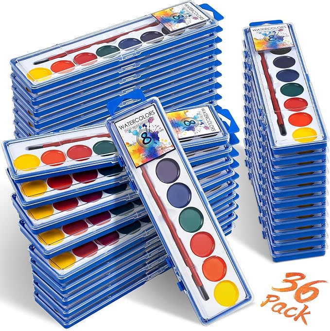 36 pack watercolor paint set, washable watercolor paint bulk for kids, water color paint with paint brushes, ideal gifts for party favors, school supplies & classroom prizes, art activities, 8 colors