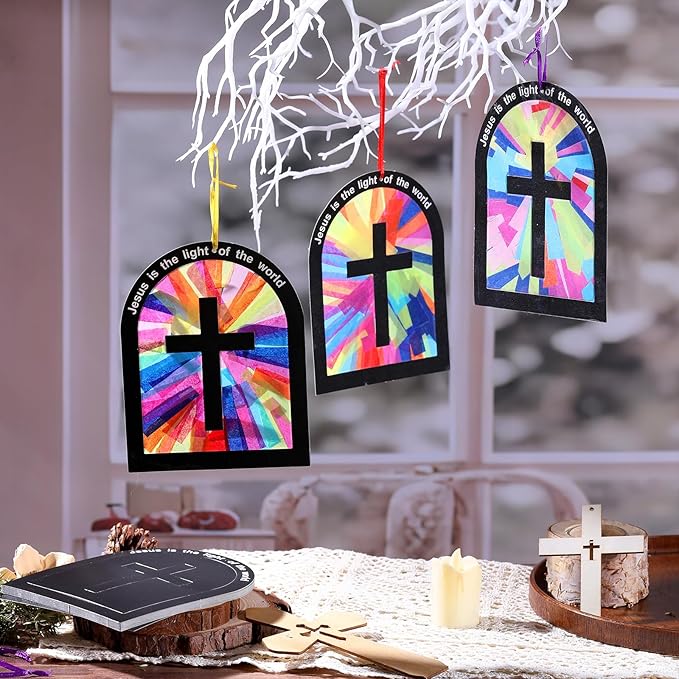 Motipuns 32 Sets 2026 Illumination Station Vbs Crafts, Religious Easter Christian Tissue Paper Stained Glass Kit for Adults, Jesus is the Light of the World DIY Window Art for Sunday School Decor