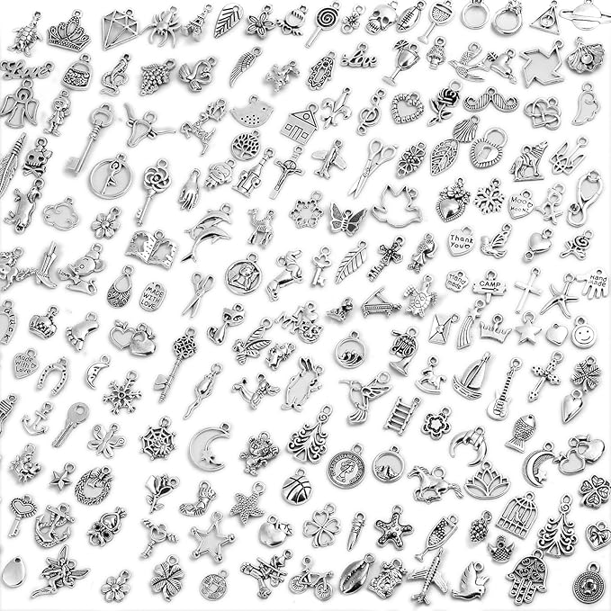Acejoz 200Pcs Silver Charms for Jewelry Making and Bracelets, Wholesale Bulk Assorted Mixed Tibetan Earring Charms for DIY Necklace Bracelet Jewelry Making and Crafting