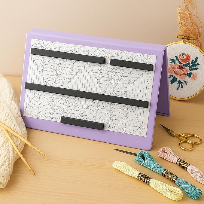Flutesan 1 Pcs Purple Knitting Pattern Holder, Fold up Cross Stitch Knitting Chart Keeper with 4 Pcs Replacement Magnets, Cross Stitch Accessories Supplies, Unfolded Size 13.2 x 9 Inch