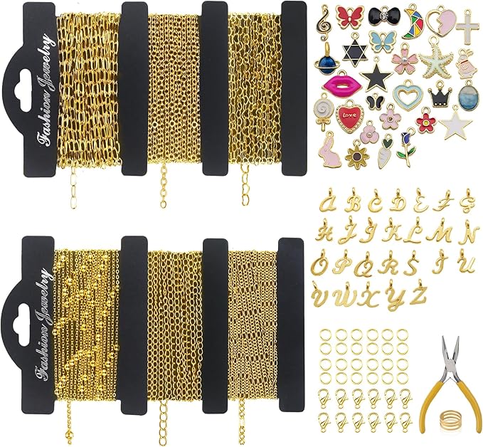 18K Gold Necklace Chain Kit for Jewelry Making, 20 Feet DIY Bracelet Chains with Jump Rings, Lobster Clasps, Connectors, Jewelry Pliers, 30 Colorful Graphic Charms & 36 Letter Pendants