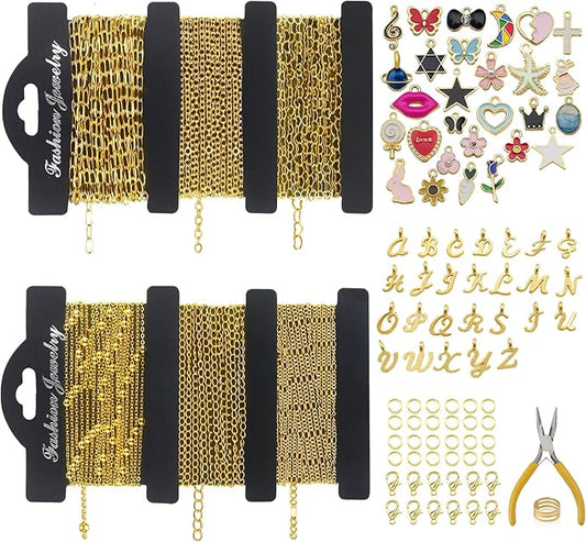18K Gold Necklace Chain Kit for Jewelry Making, 20 Feet DIY Bracelet Chains with Jump Rings, Lobster Clasps, Connectors, Jewelry Pliers, 30 Colorful Graphic Charms & 36 Letter Pendants