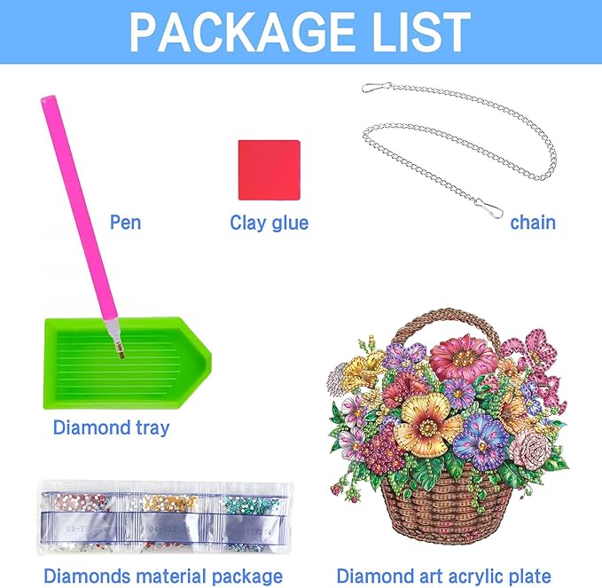 VAIIEYO Basket Diamond Art Hanging Ornament, Flower Diamond Painting Suncatchers Window Hanging Kit with Chain, 7.5x7.5 inch Crystal Pendant Art Craft for Gift Home Wall Front Door Decoration